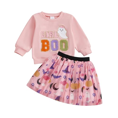 Rtnnsbbfcm Toddler Baby Girl Halloween Outfit Long Sleeve Ghost Letter Embroidery Sweatshirt Top Tulle Skirt 2Pcs Set
