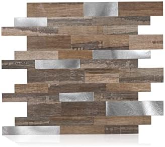 MileSun 10-Sheets Peel and Stick Backsplash Tile, 11.5 Inch x 12 Inch Old Wooden Mixed Brushed Metal Silver Wall Stickers Decor PVC Tiles for Kitchen, Bathroom, Laundry Room, Camper, Fireplace
