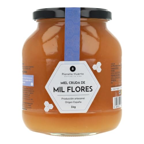 PLANETA HUERTO | Miel Cruda de Mil Flores 1 Kg 100% Natural y Artesanal Sin Filtrar ni Pasteurizar - Miel Cruda Origen España con Polinización Silvestre de Fabáceas, Zarzas, Crucíferas y Labiadas