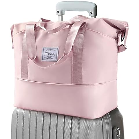 Travel Duffel Bag - Large Shoulder Weekender Overnight Bag, Carry on Bag with Wet Pocket, Waterproof Expandable Duffel Bag with Trolley Sleeve, Sports Tote Gym Bag for Women, Pink Cover