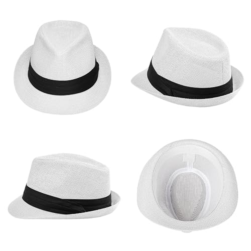 Image of Straw Trilby Fedora Hat for Men Women 1920s Panama Hat Short Brim Summer Beach Sun Hat with Band
