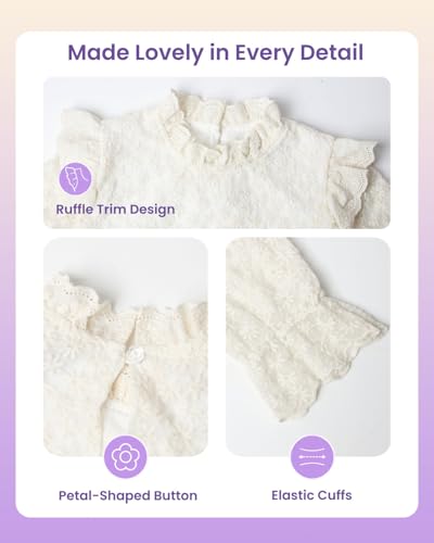 Girls Daisy Lace Blouse Ruffle Neck Long Sleeve Pure Cotton Shirt Size 5-12Y3