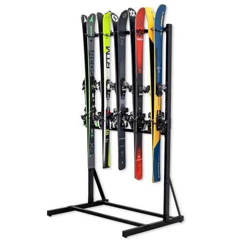 Teal Triangle Freestanding Ski Storage Rack for Garage, 5 Ski and Pole Organizer Floor Stand, Heavy Duty, Fully Adjustable for All-Mountain, Wide, Powder, and Backcountry Skis