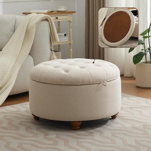 WUTUTUEE 30Inch Round Storage Ottoman with Tray, Modern Tufted Fabric Circle Coffee Table with...