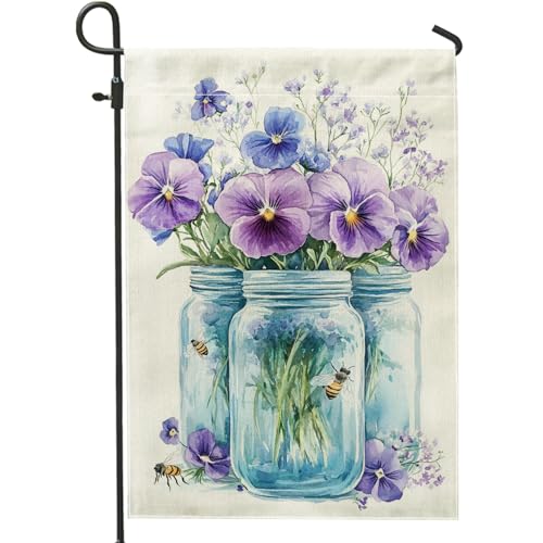 Bandiera da giardino floreale estiva, viola viole del pensiero e api, decorazione per la casa e il giardino, bandiera da giardino in iuta su entrambi i lati, decorazione per esterni, 30,5 x 45,7 cm