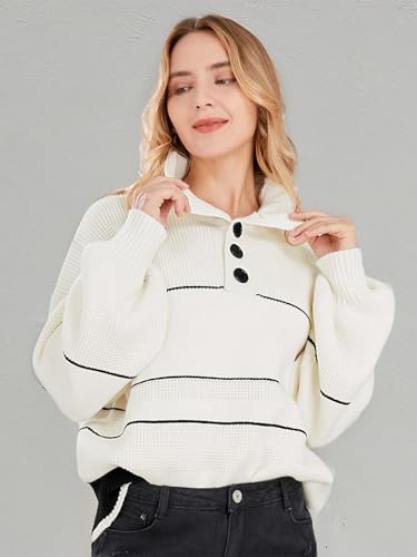 Image of CHARTOU Women's Waffle Knit Knitwear Slouchy Striped Polo Collared Long Sleeve Pullover Sweater Tops