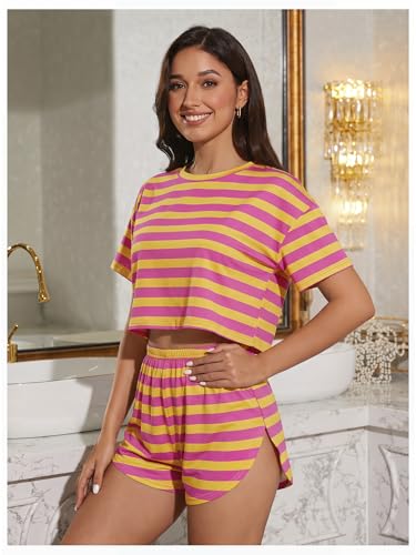 Image of OYOANGLE Womens Pajama Sets 2 Piece Sexy Lounge Sets Summer Cute Pjs Striped Print Tee and Side Split Shorts Set