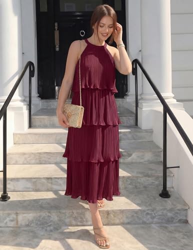 Image of ZESICA Women's 2026 Summer Sleeveless Halter Neck Ruffle Tiered Layered Chiffon Flowy Swing Long Midi Dress