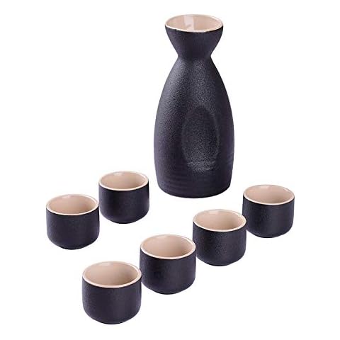 NEWQZ Japanese Sake Set, Traditional Ceramics Black Sake Serving Sets 7 Pcs include 1 Pot and 6 Cups Cover