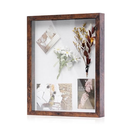 Muzilife 11x14 Shadow Box Picture Frame with Linen Board - Deep Wood & Glass Display Rustic Case Ready to Hang Memorabilia, Pins, Awards, Medals, Wedding, Tickets, and Photos, Rustic Brown