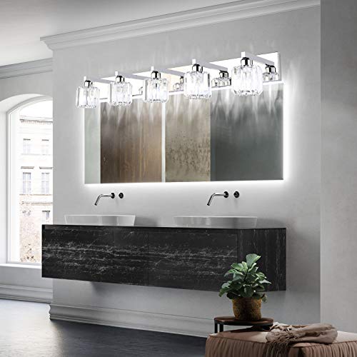 Image of Aipsun Crystal Bathroom Vanity Light Stainless Steel Modern Vanity Light 5 Lights Crystal Bathroom Vanity Light Fixtures (Exclude Bulb)
