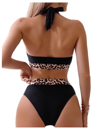 SweatyRocks Women's 2 Piece Leopard Print Swimsuit Halter Bikini Sets High Waist Bathing Suit2