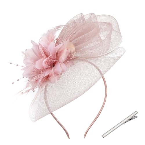 Pistha Fascinators Hats for Women, Fascinator Headband Tea Party Hat with Clip Pearl Veil Feather Headpiece for Wedding Party