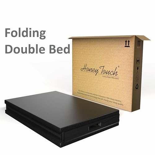 Image of Honey Touch Base Folding Double Bed with Mattress | No Assembly Required | Foldable Bed for Sleeping /Guests /Rented Apartments /Bedroom(4x6.25ft, Black)