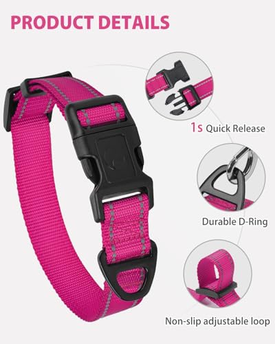 Joytale Dog Collars for Small Dogs, Feather-Light Double-Sided Reflective Nylon Collar for Night Safety, Adjustable Quick-Release for Growing Puppies, Hotpink, S (5/8" Width) - Image 5