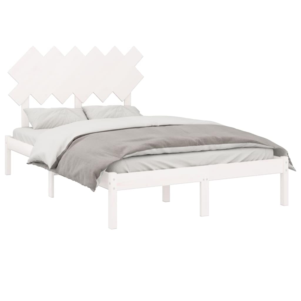 lite drewno sosnowe z zagłówkiem nowoczesny 135x190 cm biały | Rama łóżka lite drewno biała 135x190 cm z zagłówkiem nowoczesne łóżko do sypialni