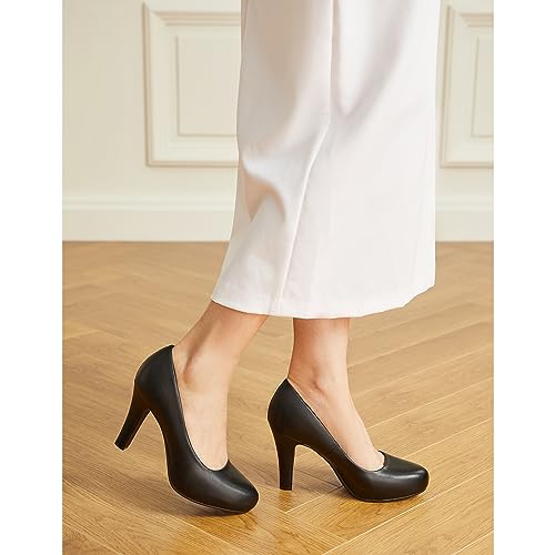 Trary Women's Heels for Women, Black Heels White Heels Brown Heels Nude Heels, Low Platform Heels, IN3.2 High Heel Closed Round Toe Pumps Dress Office Wedding Shoes for Women4