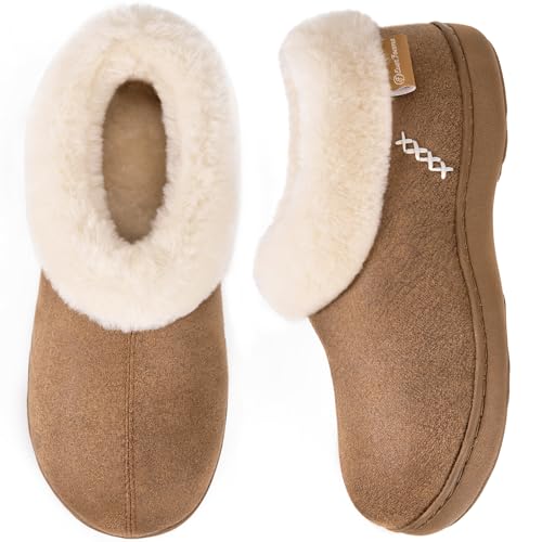 EverFoams Ladies' Micro Suede Memory Foam Slippers with Fluffy Faux Fur Collar and Indoor Outdoor Rubber Sole Tan,6.5 UK