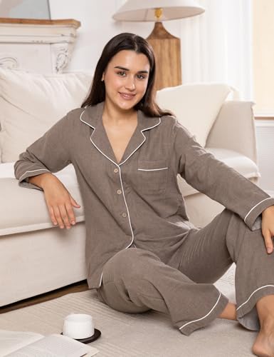 Image of Womens Muslin Pajama Set 100% Cotton Double Gauze Linen Like | Breathable Soft Comfort Button Up Loungewear Sleepwear PJ Set