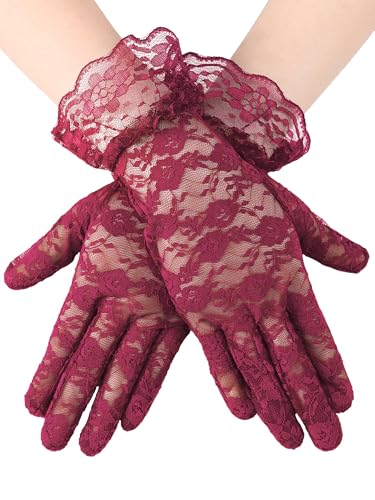 SATINIOR Ladies Lace Gloves for Women Tea Party Elegant Short Courtesy Gloves for Wedding Dinner Opera Parties(Burgundy 1 Pcs)