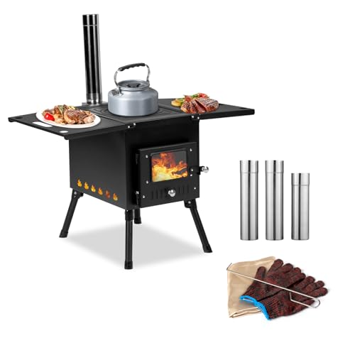 Bonnlo Camping Wood Burning Stove Portable Hot Tent Wood Stove with Chimney Pipes Camping Log Burner for Outdoor Cooking
