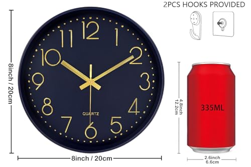 Image of Silent Wall Clocks Battery Operated 8 Inch, Analog Wall Clock with Large Number Tempered Glass Clock Face, Navy Blue Quartz Non Ticking Wall Clocks for Living Room Bedroom Kitchen Office