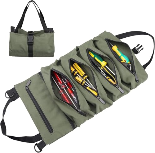 Tool Bag Roll Up, Rollable Carrying Toolbag, Heavt Duty Tool Organizer Portable Tool Storage Bags Waterproof Oxford Cloth-Zipper Pouch for Men Mechanic, Electricians, Repairman, Green