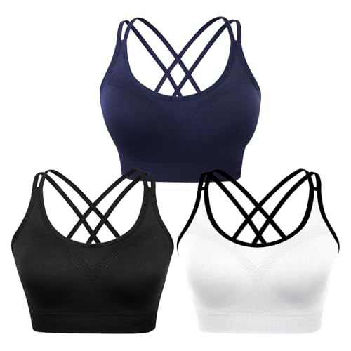 Image of WOYYHO Cross Back Sports Bra for Women Padded Medium Support Workout Bra | 3 Pack, Strappy, Removable Pads, Soft, Spaghetti Strap, Moisture-Wicking, Seamless, for Athletic Yoga Gym Fitness Daily