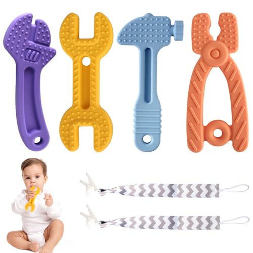 Image of Yinghezu 4 Pack Chew Baby Teething Toys for 0-12 Months, Freezable BPA Free Silicone Baby Molar Teether Chew Toys, Hammer Wrench Spanner Pliers Shape Baby Girl's Boy Car Seat Toy