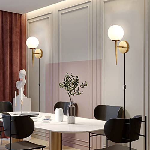Image of BOKT Mid Century Modern Globe Wall Sconce Set of Two Plug in Cord Brushed Gold Bathroom Wall Sconce Light Set of 2 Plug in Frosted White Glass Bedroom Plug in Wall Lamp (White)