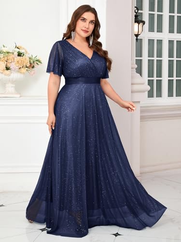 Image of Women's Plus Size Formal Dress Sparkly V Neck Ruffle Sleeve A Line Evening Gown Wedding Guest Bridesmaid Dresses
