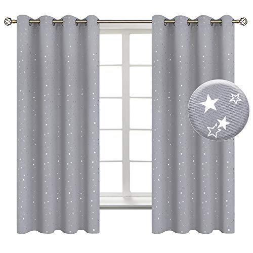 BGment Light Grey Star Blackout Curtains for Kid's Bedroom - Grommet Thermal Insulated Room Darkening Printed Curtains for Living Room, Set of 2 Panels (52 x 63 Inch, Light Grey)