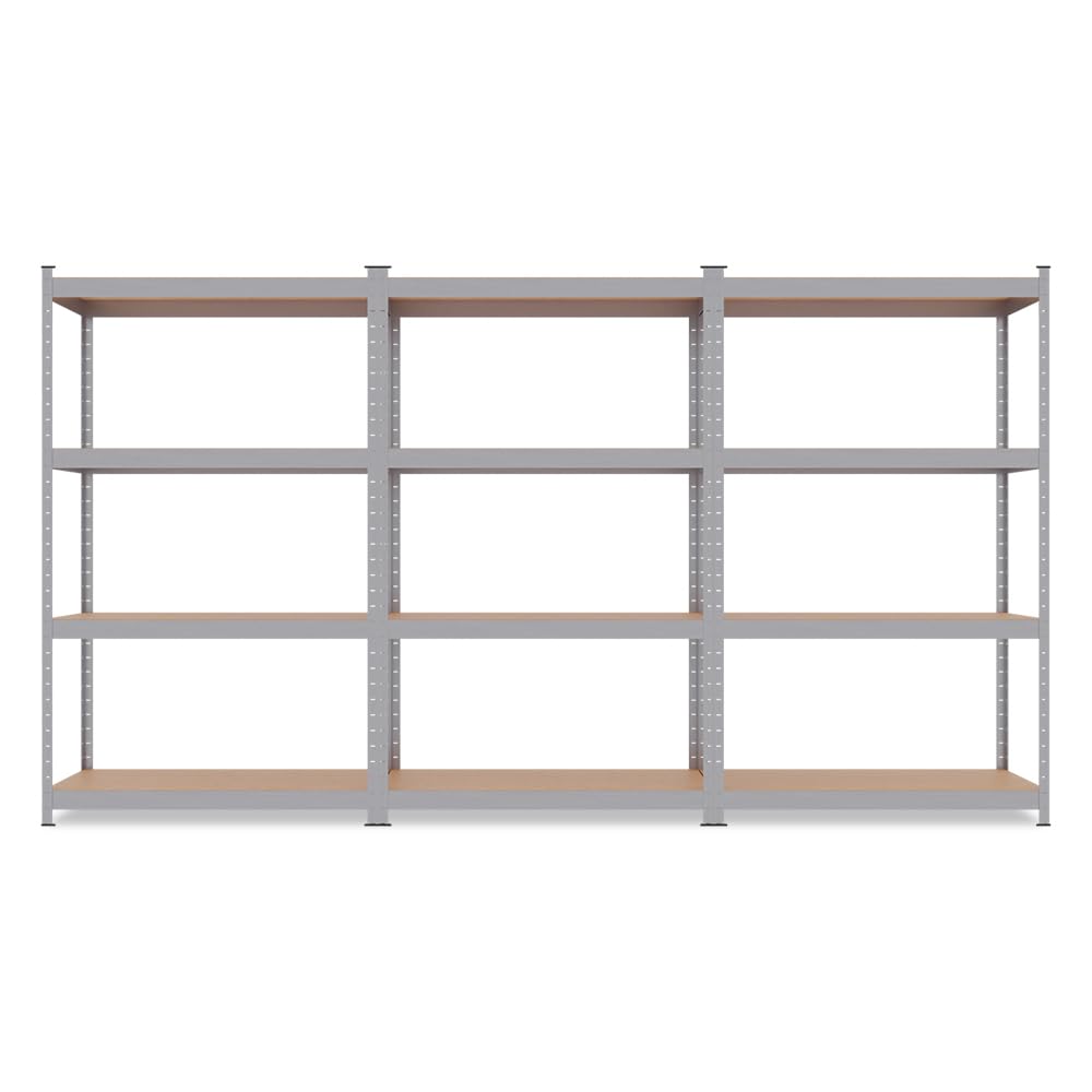 Triple Étagères de Rangement Charges Lourdes - 210 x 150 cm - 960 kg - Étagères de Garage modulables, 4 Niveaux, 12 Plateaux - 30 cm - Gris