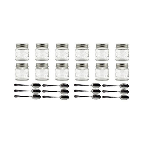 Sunshine Mason Co. Mini Mason Jar Shot Glasses With Metal Lid 2 Oz With Dessert Spoons, 12 Pieces #TOP8