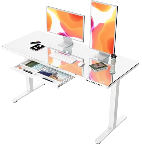 JUMMICO Glas Höhenverstellbarer Schreibtisch, Elektrischer Schreibtisch mit Schublade， 140x70 cm Steh-Sitz-Schreibtisch， Standing Desk für Homeoffice， Weiß