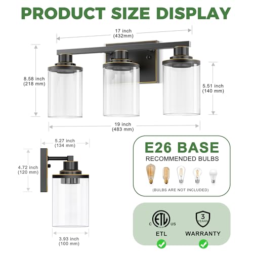 Image of DORESshop 20 Inch 3-Light Black with Gold Trim Bathroom Light Fixture