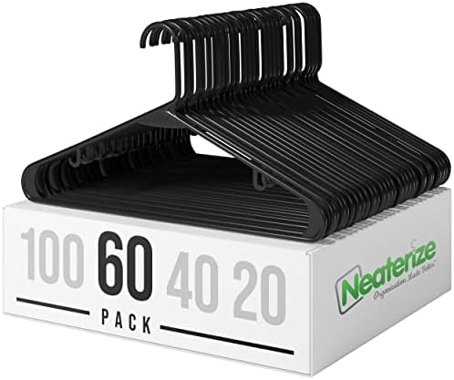 Plastic Clothes Hangers (20, 40, 60, 100 Packs) Heavy Duty Durable Coat and Clothes Hangers | Vibrant Color Hangers | Lightweight Space Saving Laundry Hangers (60 Pack - Black)