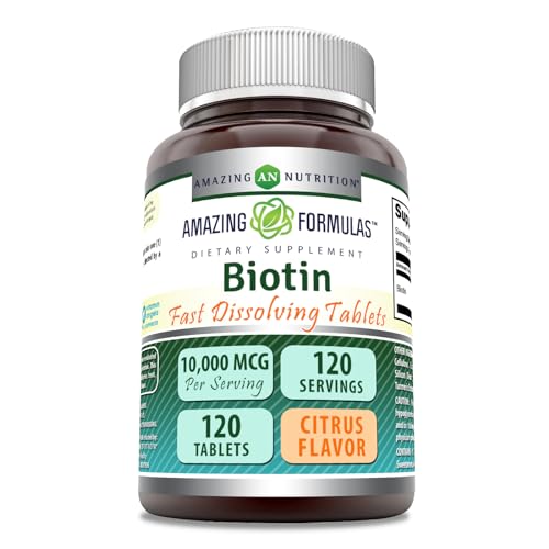 Amazing Formulas Biotin 10 000 mcg | Fast Dissolve Tablets | Non-GMO | Gluten Free Supplement | Made in USA (120 Count Citrus)