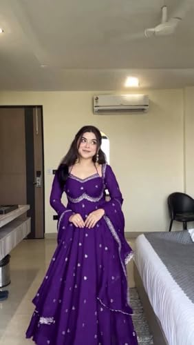 Image of Quteanza Fashion Women's Faux Georgette Purple Embroidered Anarkali Gown with Dupatta | Women's Embroidered Long Anarkali Gown with Dupatta