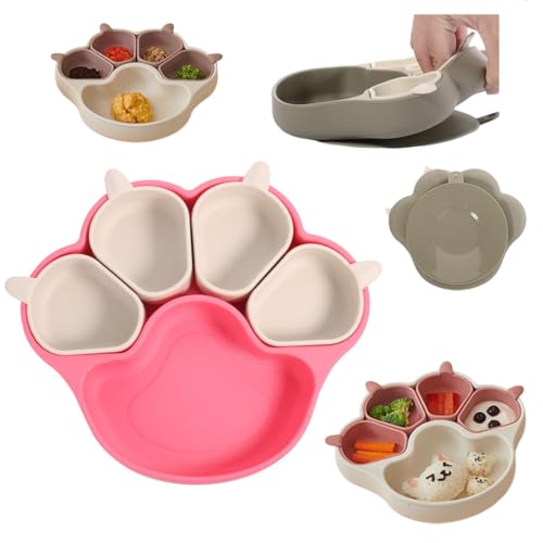 ボウル 猫の手, 吸盤付きベビー食器 離乳食プレート, 仕切り 皿 シリコン製, 滑り止め 耐高温 お手入れ簡単 5グリッド ひっくり返らない 仕切りつき, 食べる練習, 食器 7色 電子レンジ/食洗器/冷蔵庫対応/高温消毒 幼児 子供用 猫の爪 出産祝い
