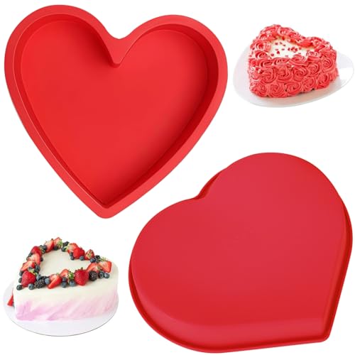 YXHZVON 2PCS Silicone Heart Shaped Cake Tin 10 inch Silicone Love Heart Baking Tin Cake Pan Baking Moulds for Muffins Puddings Brownie Bread (Red)