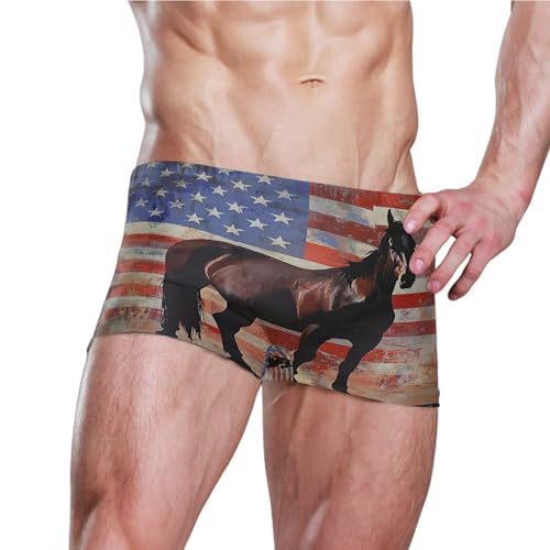 July 4th Independence Day American Flag Horse Mens Swim Trunk Swimwear Swim Brief Square Leg Board Short S S04073473