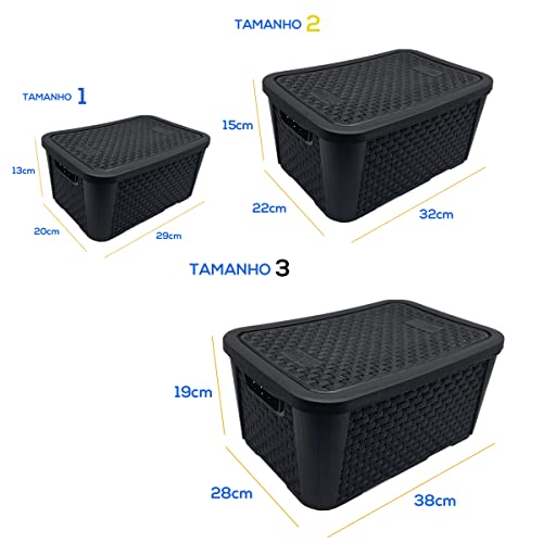 Kit 3 Caixas Organizadoras Casa Decoração Rattan Preta Pequena Media Grande