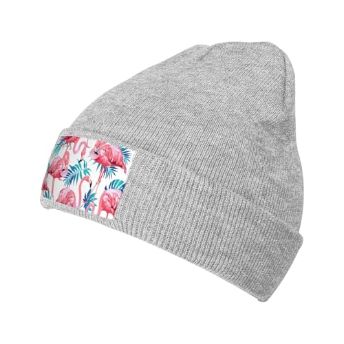 SHuWeiD Sombrero de punto con estampado de hojas de plantas verdes y flamencos, gorro de lana, cálido, casual, a la moda, para exteriores, unisex, Gris, talla única