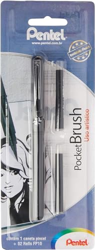 Caneta Pincel Pocket Brush, Pentel, SM/GFKP3-A6, Preto, 2 Refis Pretos