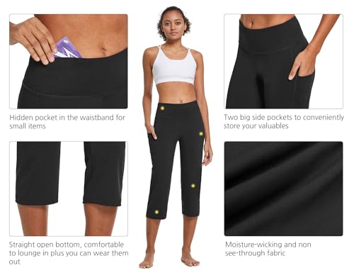 baleaf Yogahose Damen 3/4 Casual Freizeithose Jogginghose gerades Bein High Waist Traininghose Arbeitshose mit Taschen Bauchkontrolle für Fitness Workout Training Freizeit Schwarz L – vue 5