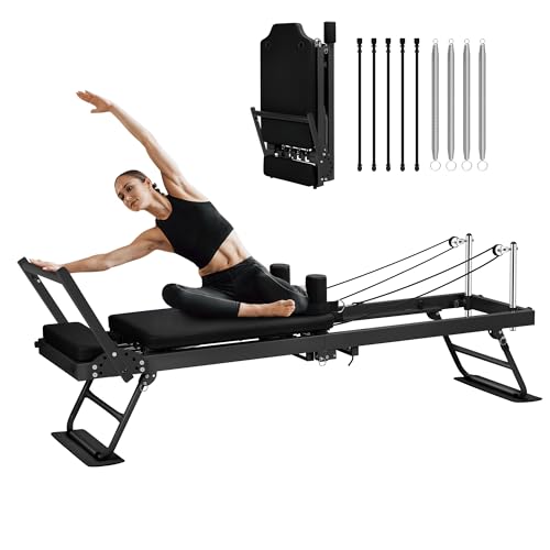Máquina de Pilates Reformer Plegable,Equipo Profesional de Pilates Reformer con resortes de Doble Resistencia y Bandas elásticas,Ajustable para Todos los Niveles de Fitness,Capacidad de Peso 400 LB.