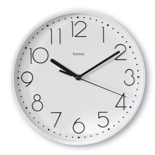 Hama Wanduhr Salina (ohne Tickgeräusche, Quarzuhr geräuscharm, Ø 22cm, große Ziffern, analoge Uhr, mit Stunden-, Minuten- und Sekundenzeiger, Glas Abdeckung, inkl. Batterie) weiß