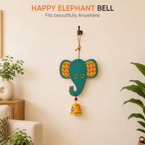 Image of Aakriti Art Creations Happy Elephant Wind Chime | Handmade Modern Art Wooden & Metal Wind Chime | Outdoor & Indoor Decorative Wind Chimes for Balcony, Garden, Living Room & Gifting