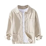 Camisa de manga larga para hombre, lisa, casual, de algodón, lino, con botones suaves, solapa, ropa de calle, lino., L